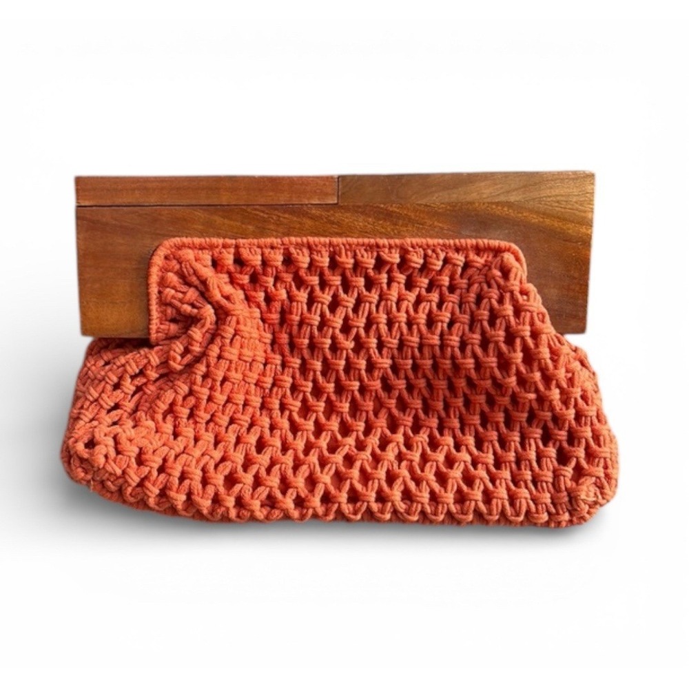 A New Day Orange Macrame Clutch with Wooden Frame | Boho Y2K Summer Bag